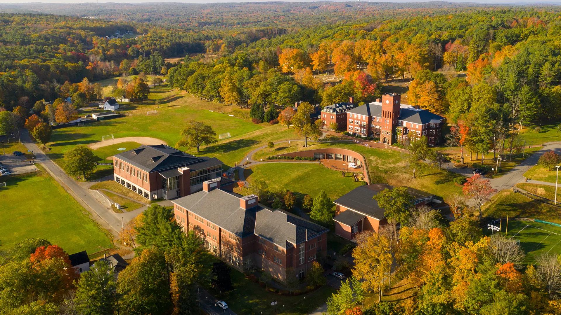 Aerial view of a boarding school campus in autumn